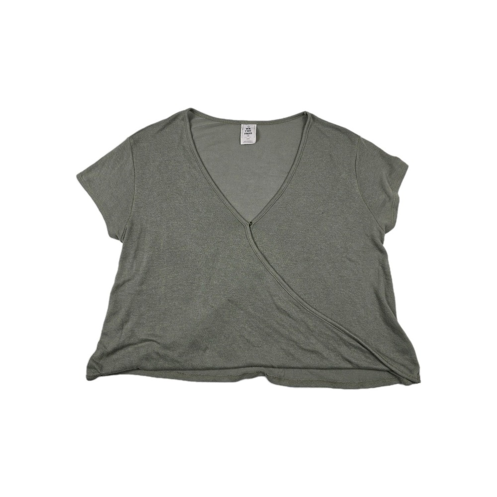 We The Free Faux Wrap Crop Top Womens Size Medium Green Deep V Neck Short Sleeve
